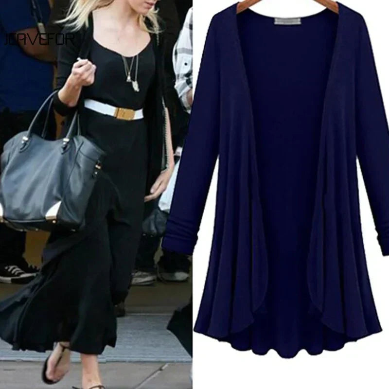 Comfortable women's knit ruffle cardigan, ideal casual layering piece.