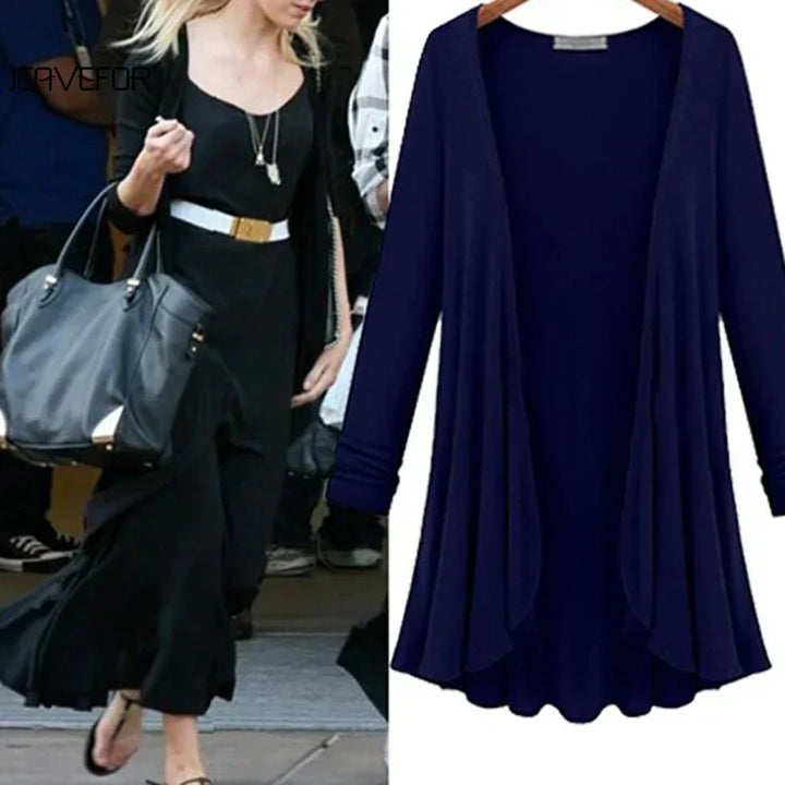Comfortable women's knit ruffle cardigan, ideal casual layering piece.