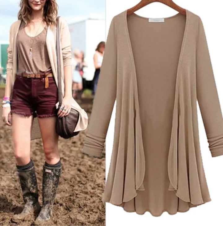 Women's flowy ruffle cardigan, elegant open front sweater for versatile layering.
