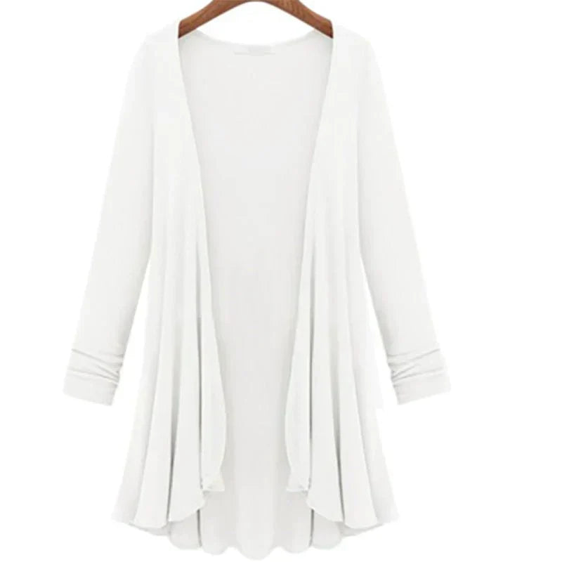 Stylish women's flowy ruffle cardigan, a perfect spring/fall open front layering sweater.