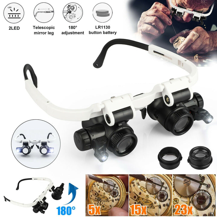 "LED Light Headband Magnifier with adjustable lenses and lighting, ideal for jewelry repair and crafts, featuring durable des