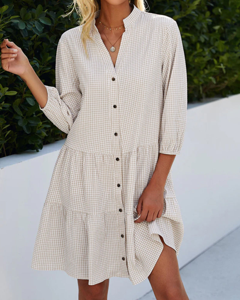 Casual women's long sleeve A-line dress. Lightweight checked summer dress, versatile and chic.