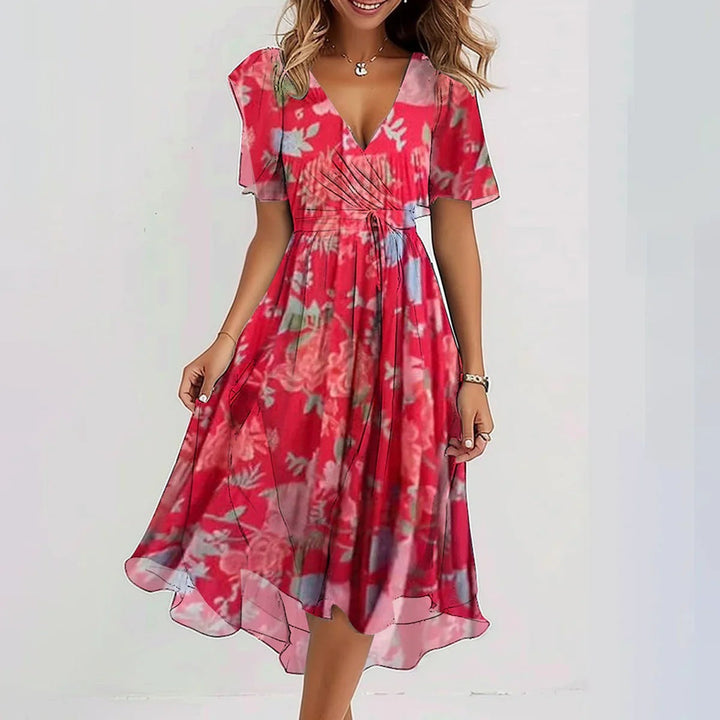Woman smiling in a lightweight, comfortable summer dress. Casual flowy sundress for warm weather fashion.