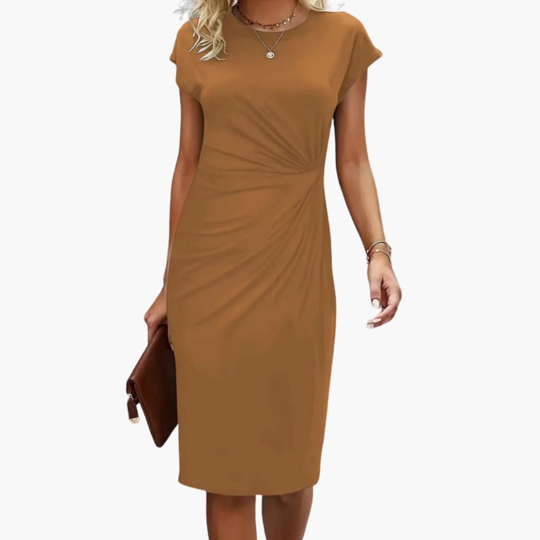 Stylish women's elegant midi dress with short sleeves, ideal for evening events & day-to-night transitions.