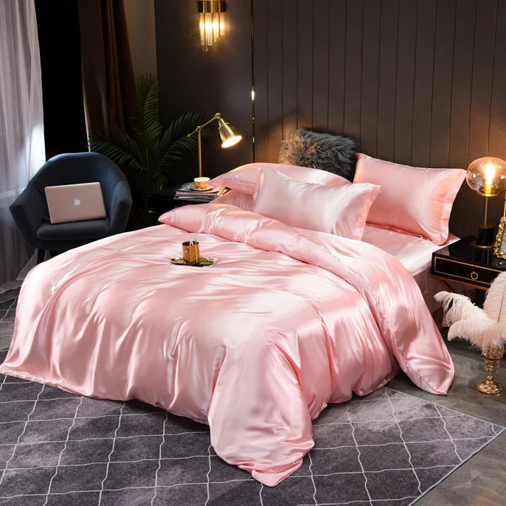 Silky smooth satin bed linen set in a solid color, offering luxurious comfort and elegant style.