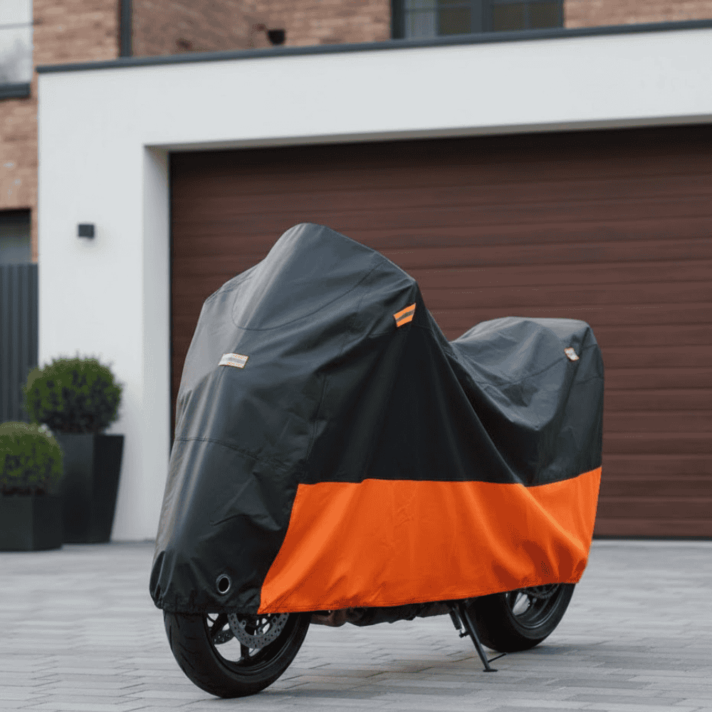 Universal motorcycle cover with premium UV & all-weather protection. Ideal for outdoor storage.