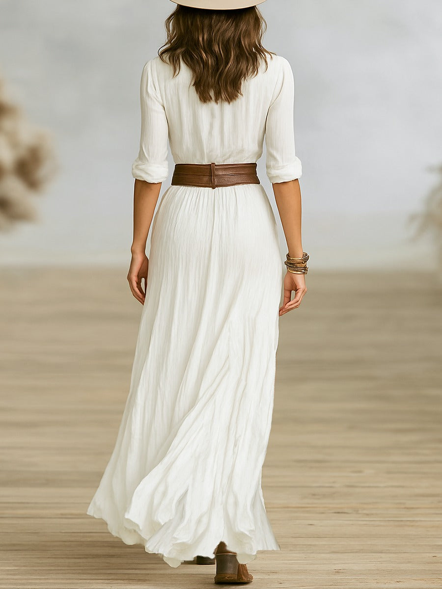 Stylish women's long sleeve elegant shirt maxi dress with a chic slit, perfect for versatile fashion.