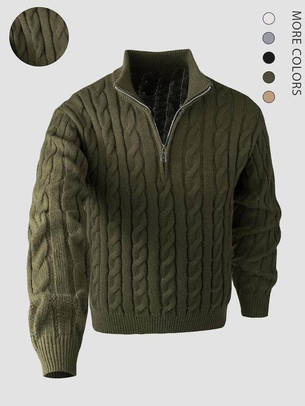 Men's black cable knit quarter-zip sweater, merino wool blend, for fall/winter casual fashion