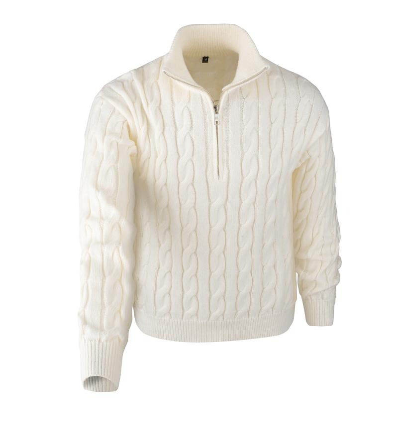Detail of the quarter-zip closure on a men's beige cable knit merino wool blend sweater