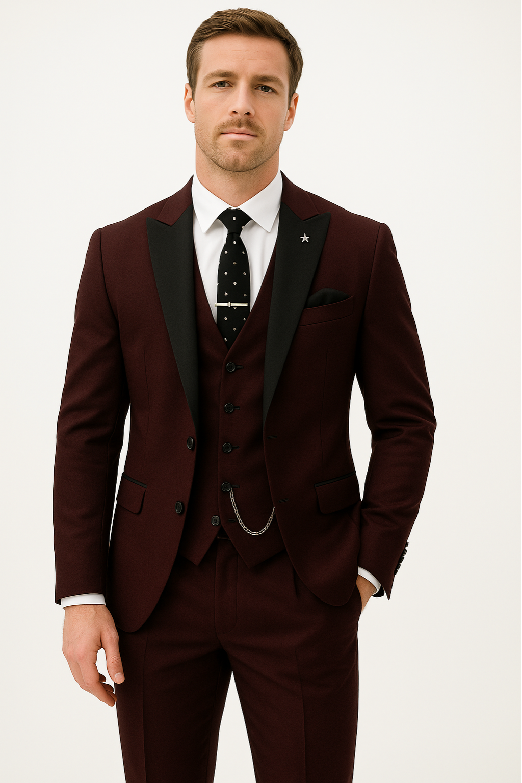 Men's burgundy three-piece suit, slim fit, perfect for formal events, weddings, or business attire.
