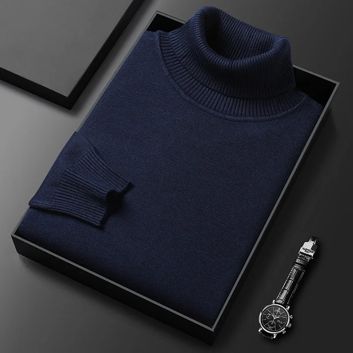 Model wearing a men's luxurious cashmere blend turtleneck sweater for a refined and warm winter look.