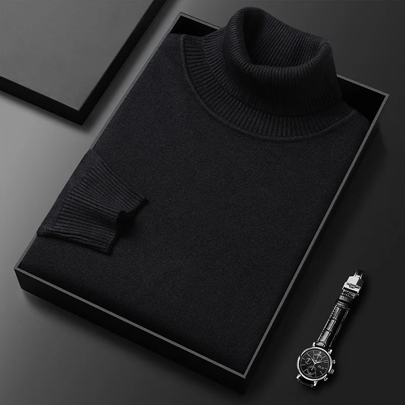Side view of a men's essential cashmere blend turtleneck sweater, showcasing its comfortable fit and knitwear.