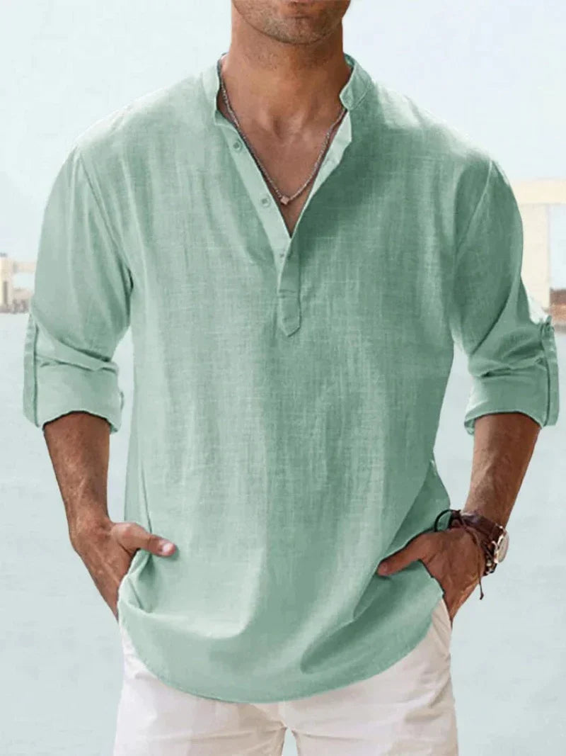 Modern men's beachwear shirt, casual button-up longsleeve, perfect for summer style.