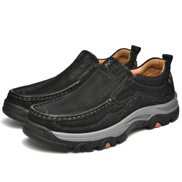 Men's casual brown slip-on leather shoes, engineered for orthopedic comfort and long, walking sessions.
