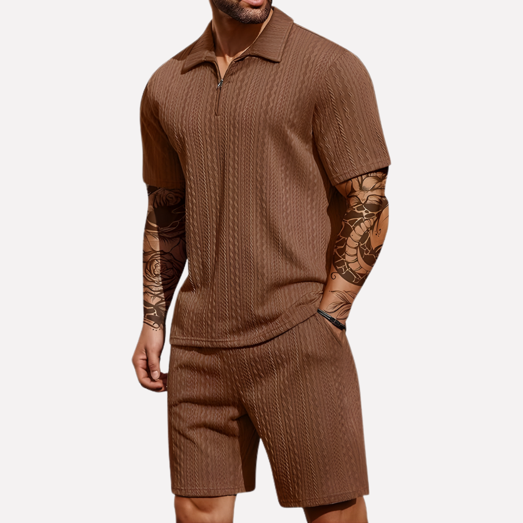 Trendy men's quarter-zip polo & shorts set, a must-have for your summer casual wardrobe.