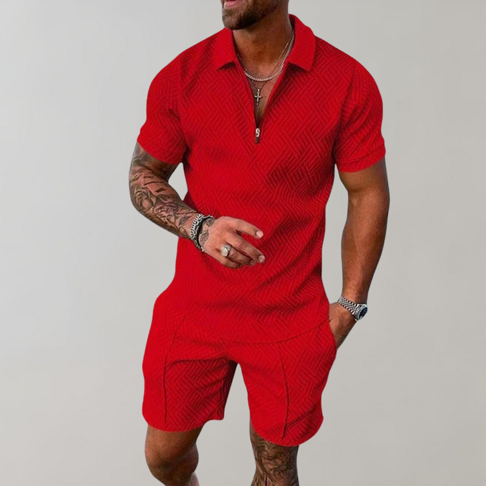 Men's apparel: New casual summer set including a short-sleeve polo shirt and matching comfortable shorts.