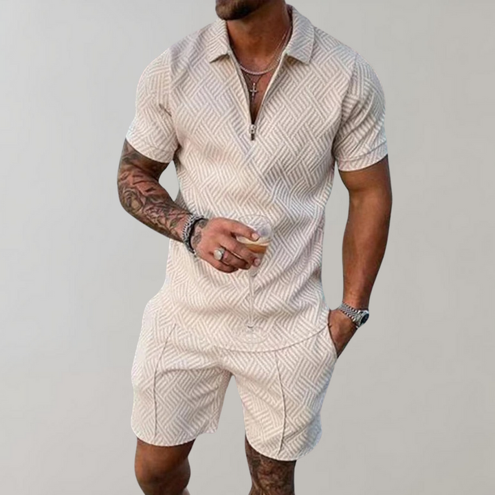 Versatile men's casual summer set: polo shirt and shorts combo ideal for warm weather activities & comfort.