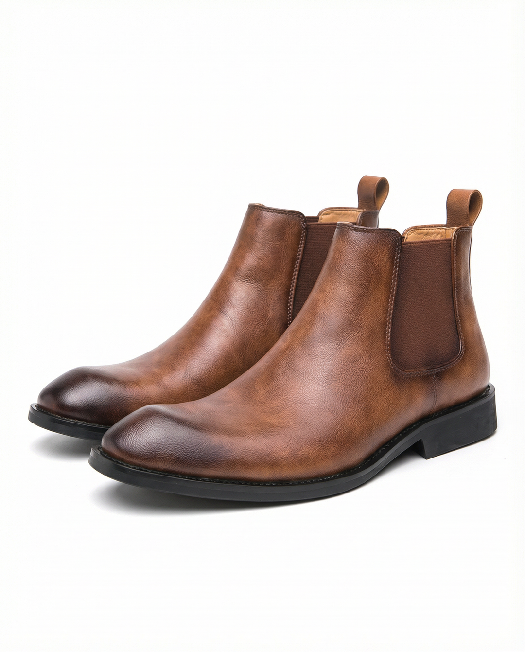 Men's classic brown leather Chelsea boots, side view, sleek design, elastic side panel, pull tab