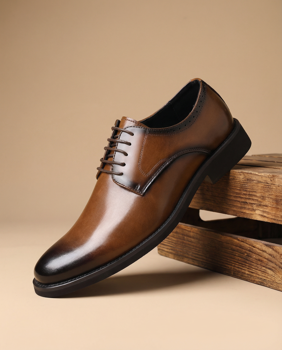 Close-up of black leather Oxford shoes for men, highlighting the polished finish and stitching