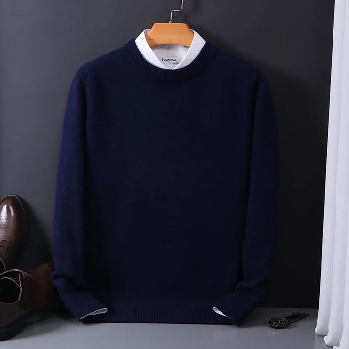 Premium men's knit sweater, classic crew neck and long sleeves for comfortable and stylish fall attire.