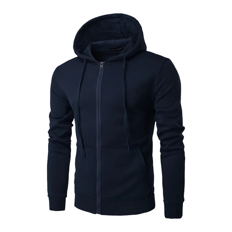 Front view of men's black zip-up hoodie, a comfortable urban apparel essential.