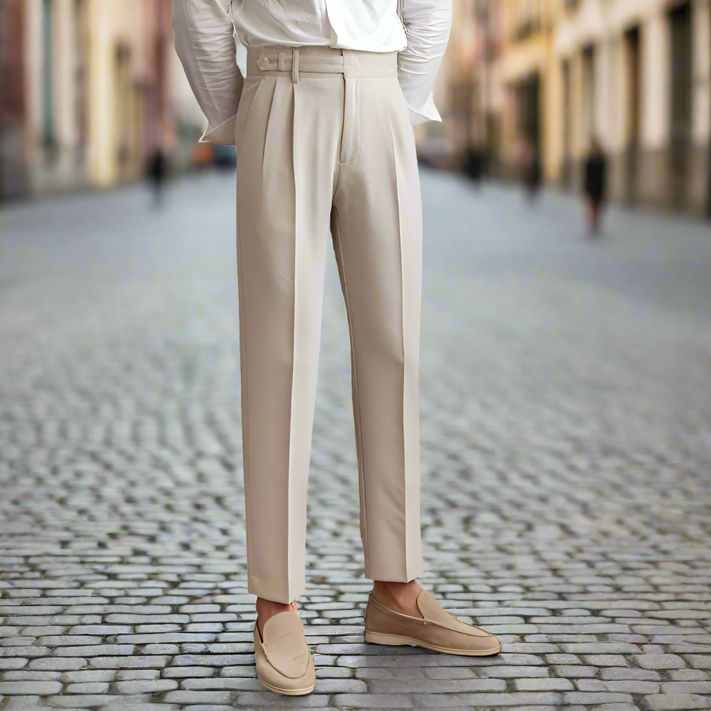 Close-up of the fabric texture of men's polyester blend straight leg dress pants, highlighting quality
