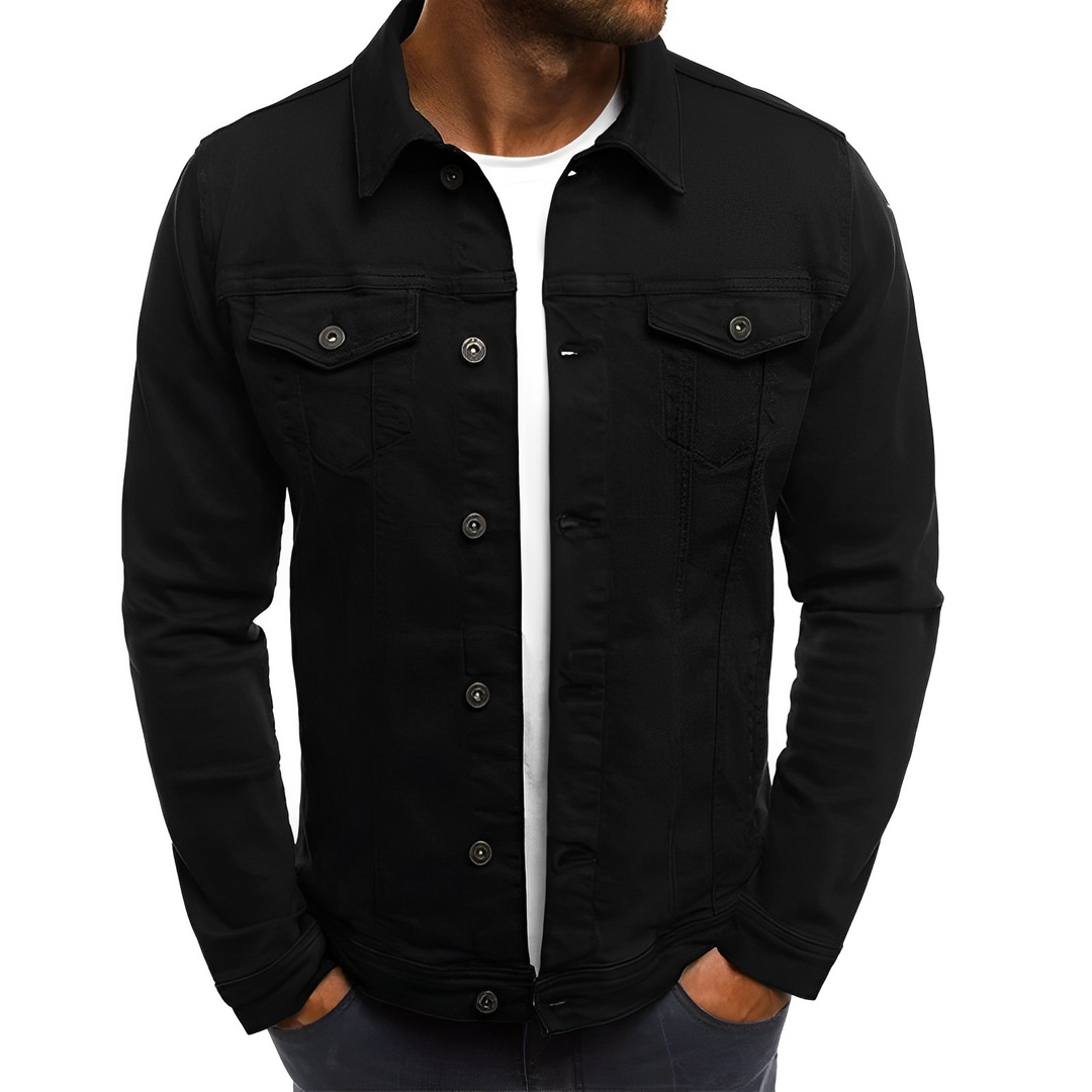 Classic black denim jacket for men, lightweight summer outerwear. Features button front & multiple pockets.