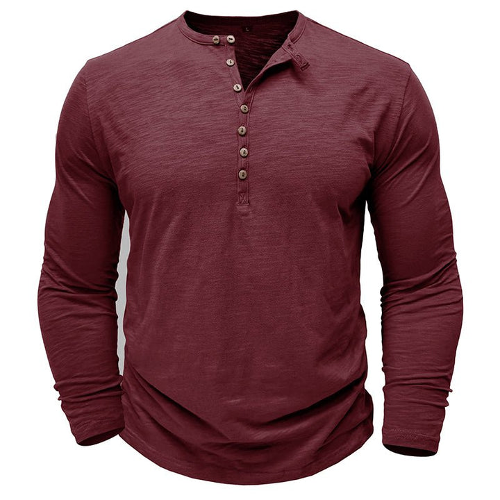 Men's long-sleeve henley shirt, a comfortable button-up top in a timeless heather grey color