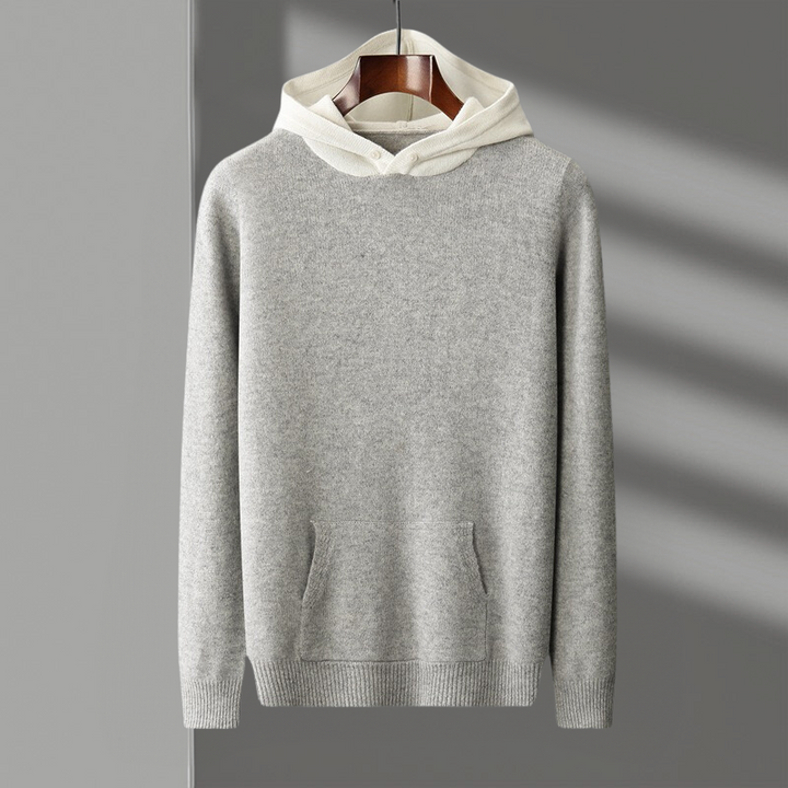 Men's classic merino wool hoodie in a studio shot, off-white background. Ideal for casual wear & layering.