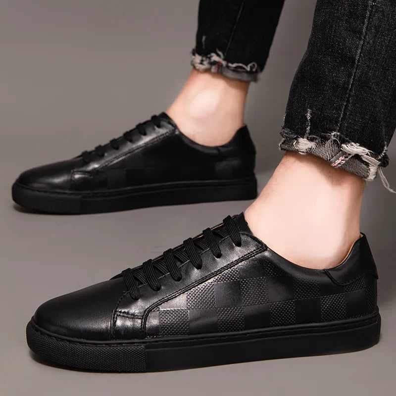 Three-quarter view of men's distressed leather low-top sneakers, offering a rugged yet sophisticated look