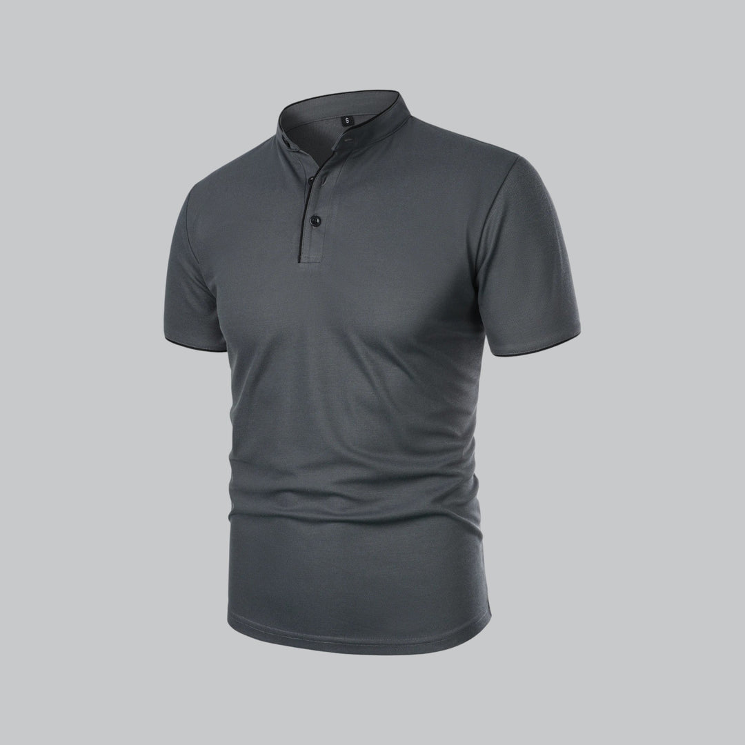 Timeless men's collarless polo shirt, classic comfort, short sleeve, enduring style. An elegant everyday top.