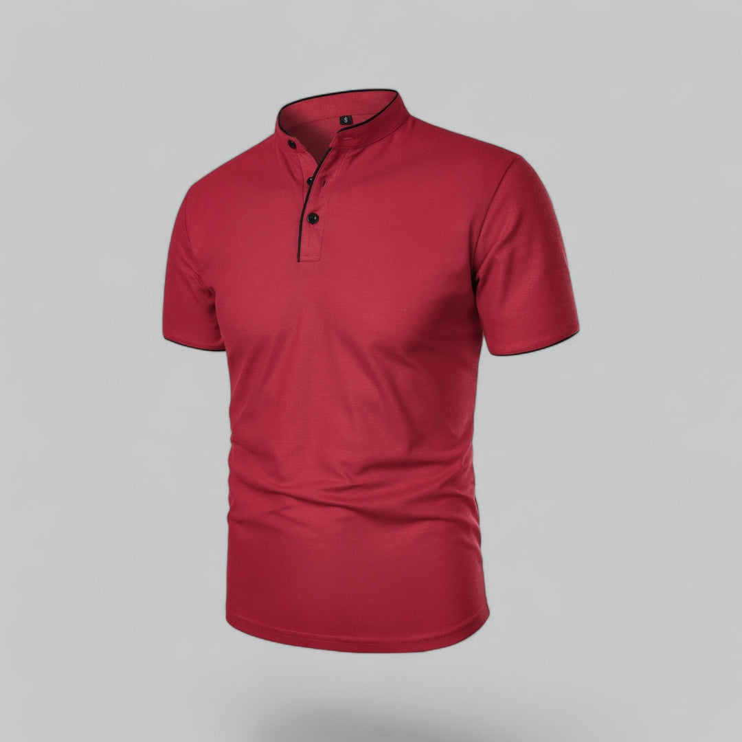 High-quality men's collarless polo shirt, short sleeve, mandarin trim, great for casual elegance.