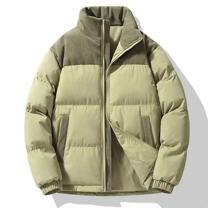 Men's outerwear: modern color block quilted puffer jacket, ideal warm, casual winter coat