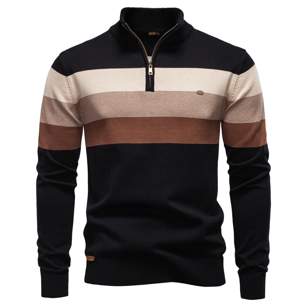 Model wearing a men's colorblock half-zip pullover sweater, showing comfort & style