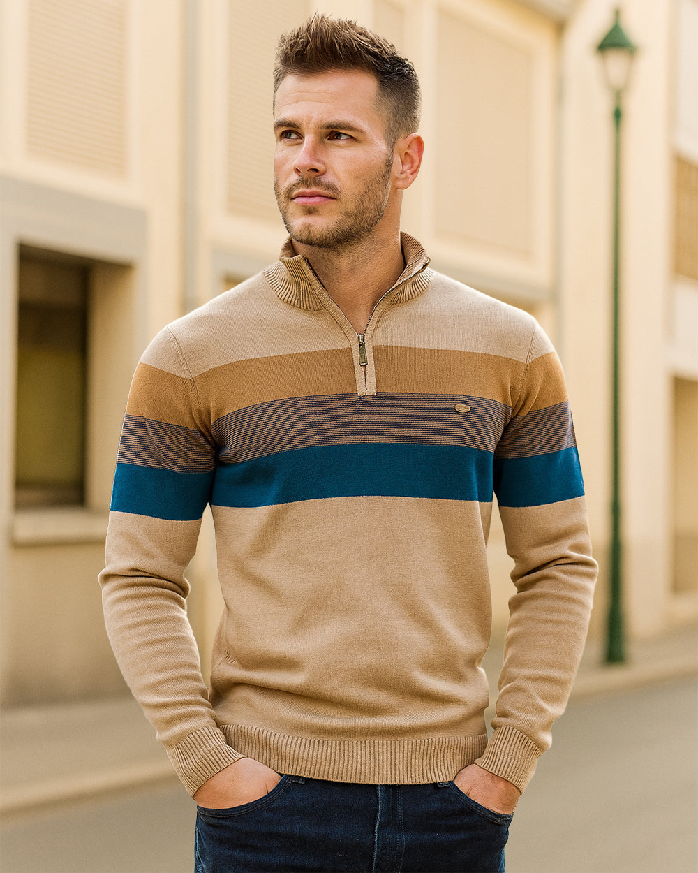 Men's grey & black colorblock half-zip sweater, easy to layer, durable cotton blend