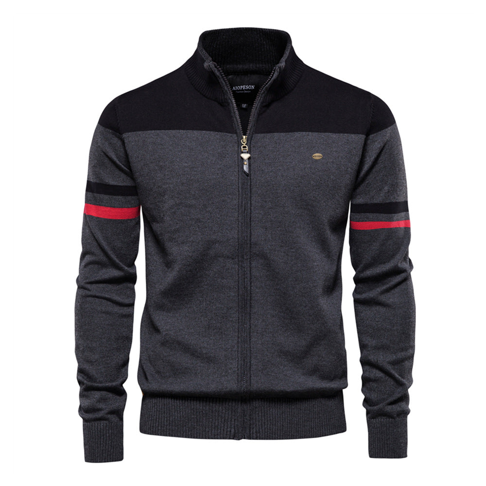 Dark blue, grey, and white colorblock knit zip-up cardigan for men, long sleeve, front view.