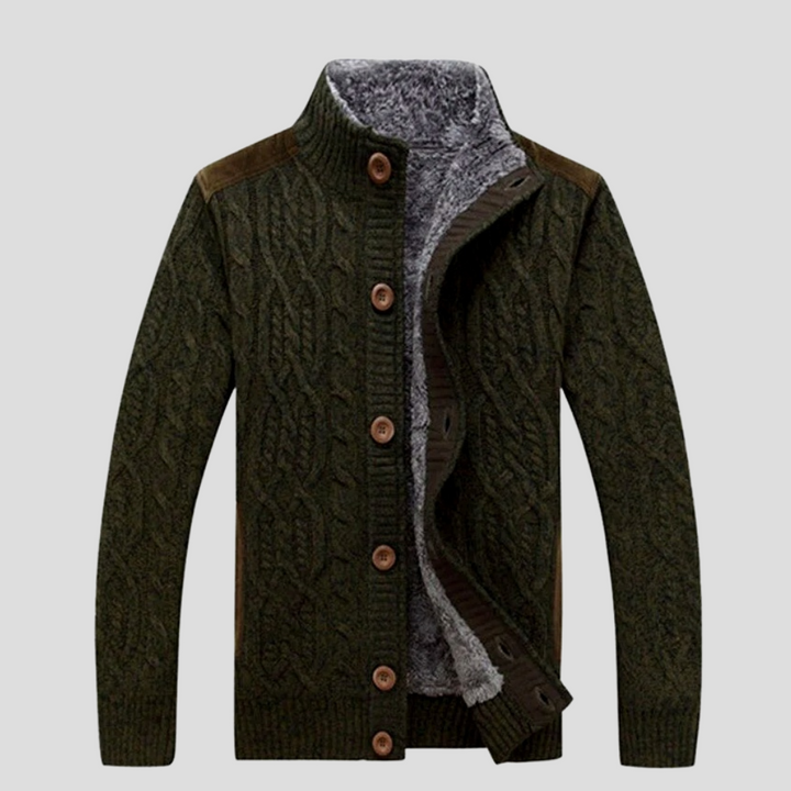 Warm men's cable knit cardigan. Long sleeve, button-down for winter fashion & cozy cold weather style.