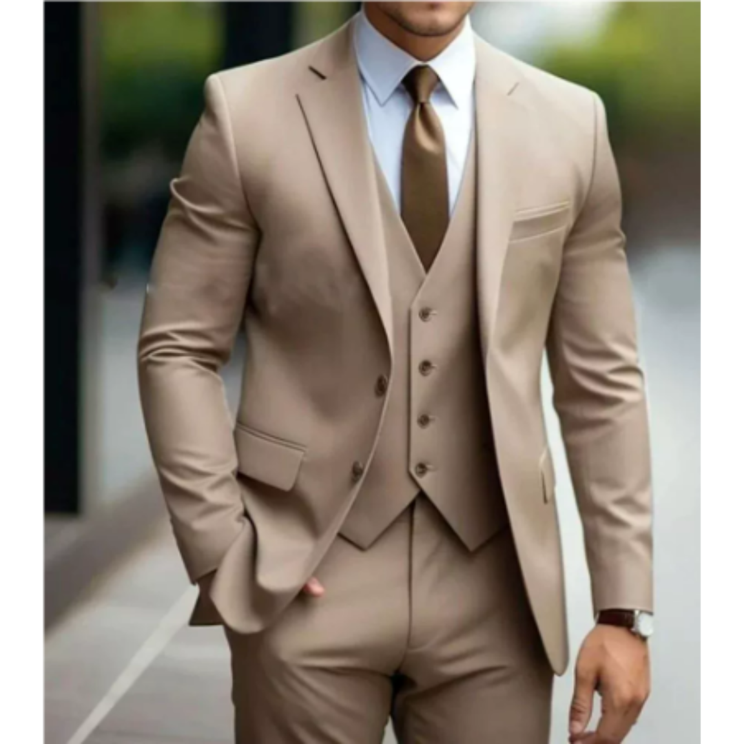 Fashionable men's tailored slim-fit three-piece suit, a key piece of elegant formal wear and business fashion.