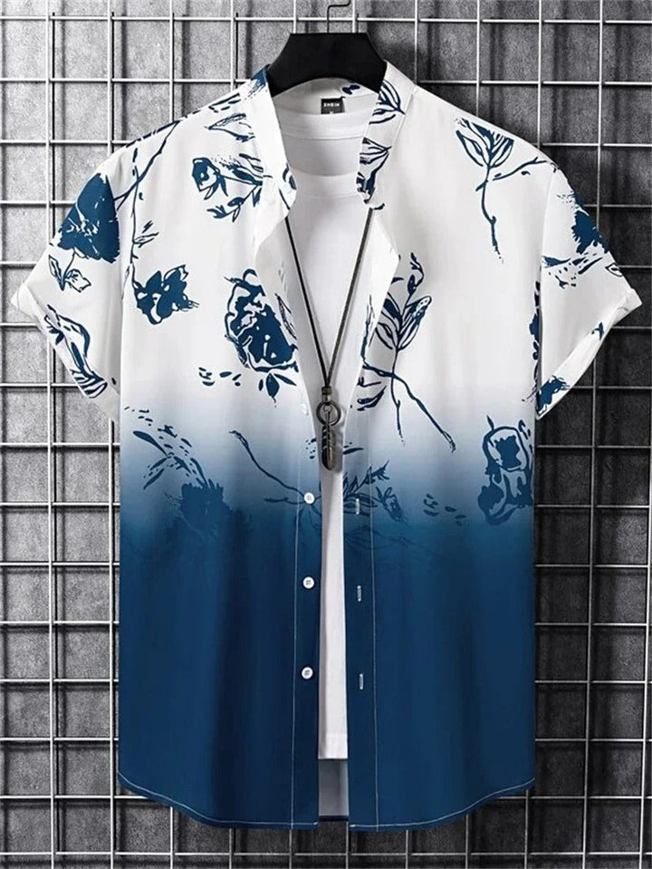 Stylish men's short-sleeve shirt, vibrant floral print, camp collar, relaxed summer fit.