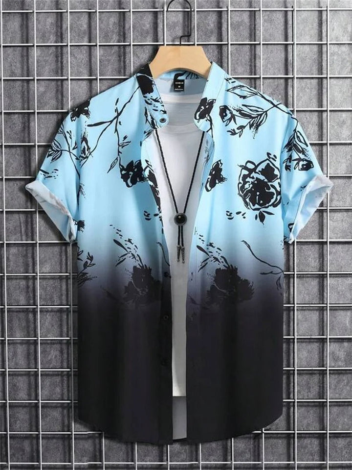 Men's short-sleeve floral print button-down shirt, casual summer top, camp collar, stylish fashion.