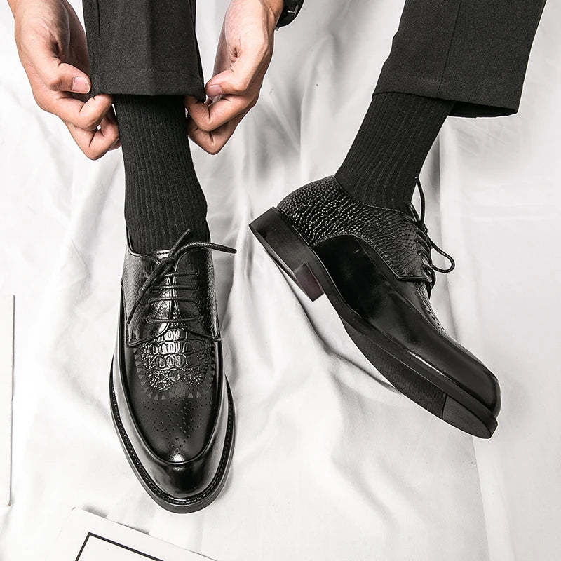 Close-up of men's Oxford dress shoe, detailed genuine leather texture, showcasing brogue stitching.