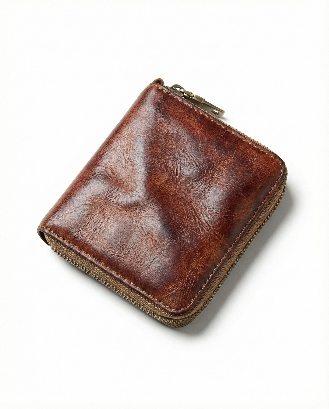 Open men's zip wallet revealing card slots and cash compartment