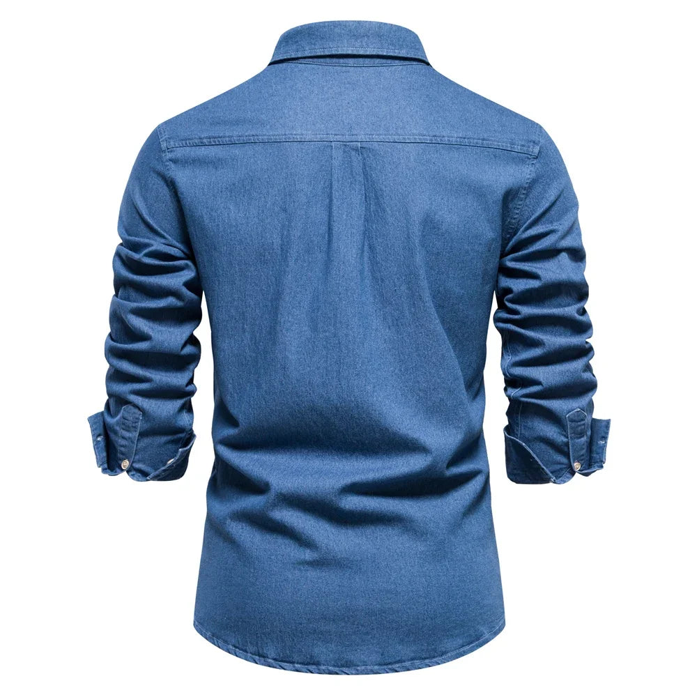 Light blue denim button-up shirt for men, comfortable and fashionable.