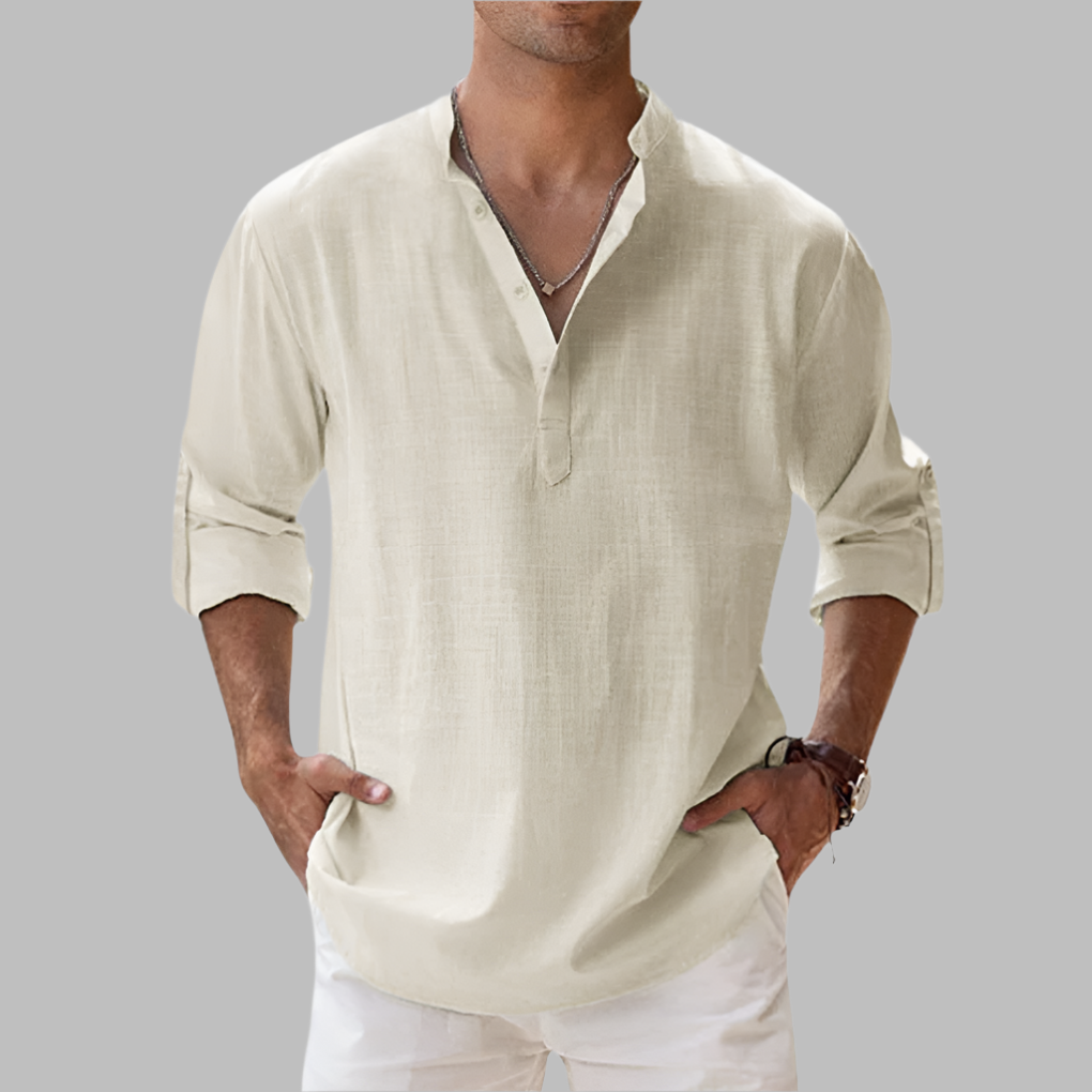 Stylish men's lightweight summer shirt with a band collar, comfortable relaxed fit.