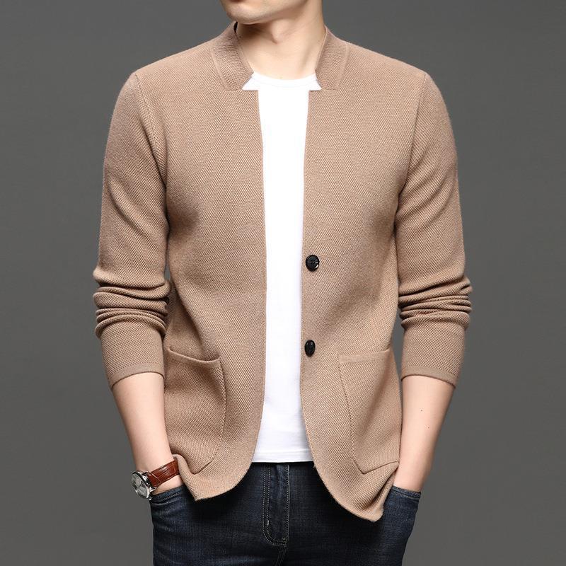 Men's lightweight knit cardigan blazer in navy, a versatile smart casual jacket with tailored fit.