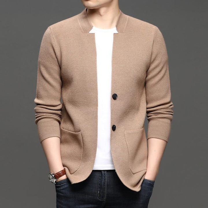 Men's lightweight knit cardigan blazer in navy, a versatile smart casual jacket with tailored fit.