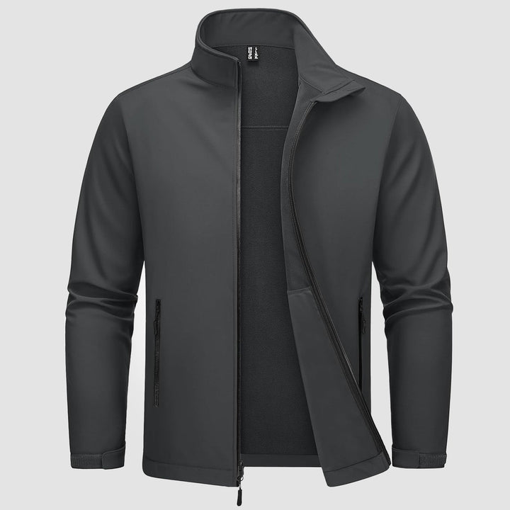 Close-up of a men's modern bomber jacket in navy blue, showcasing polyester fabric and zipper.