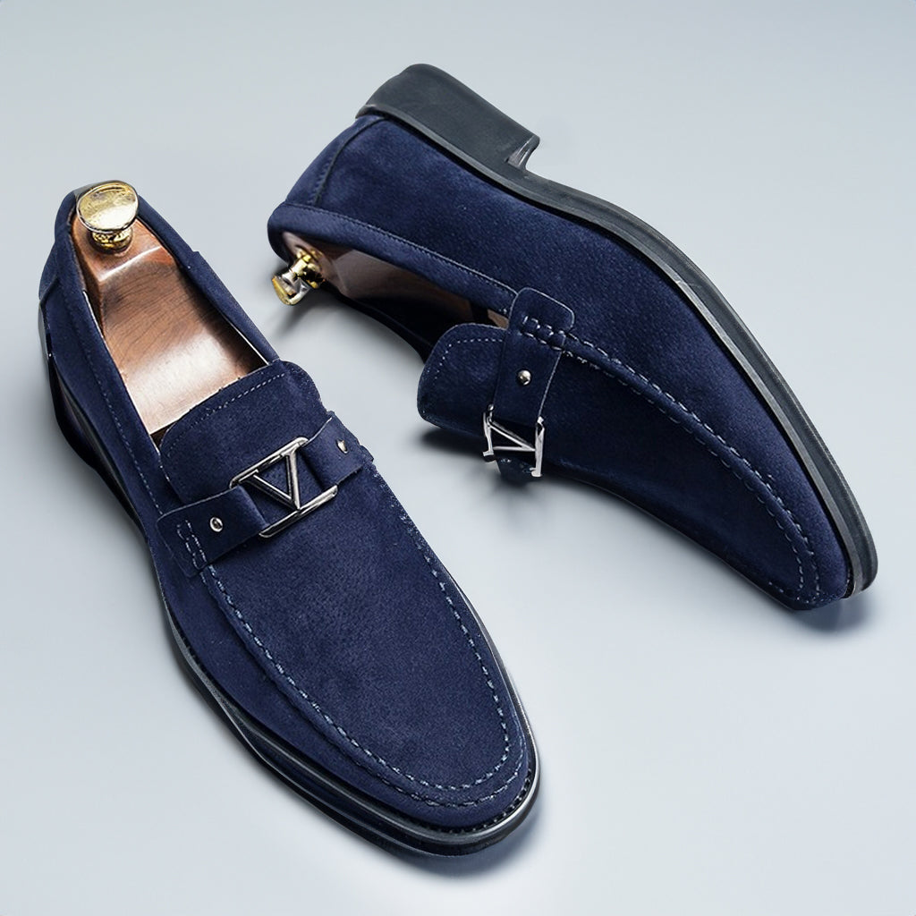 Men's luxury vegan suede loafers with sleek buckle, ideal for formal and elegant occasions.