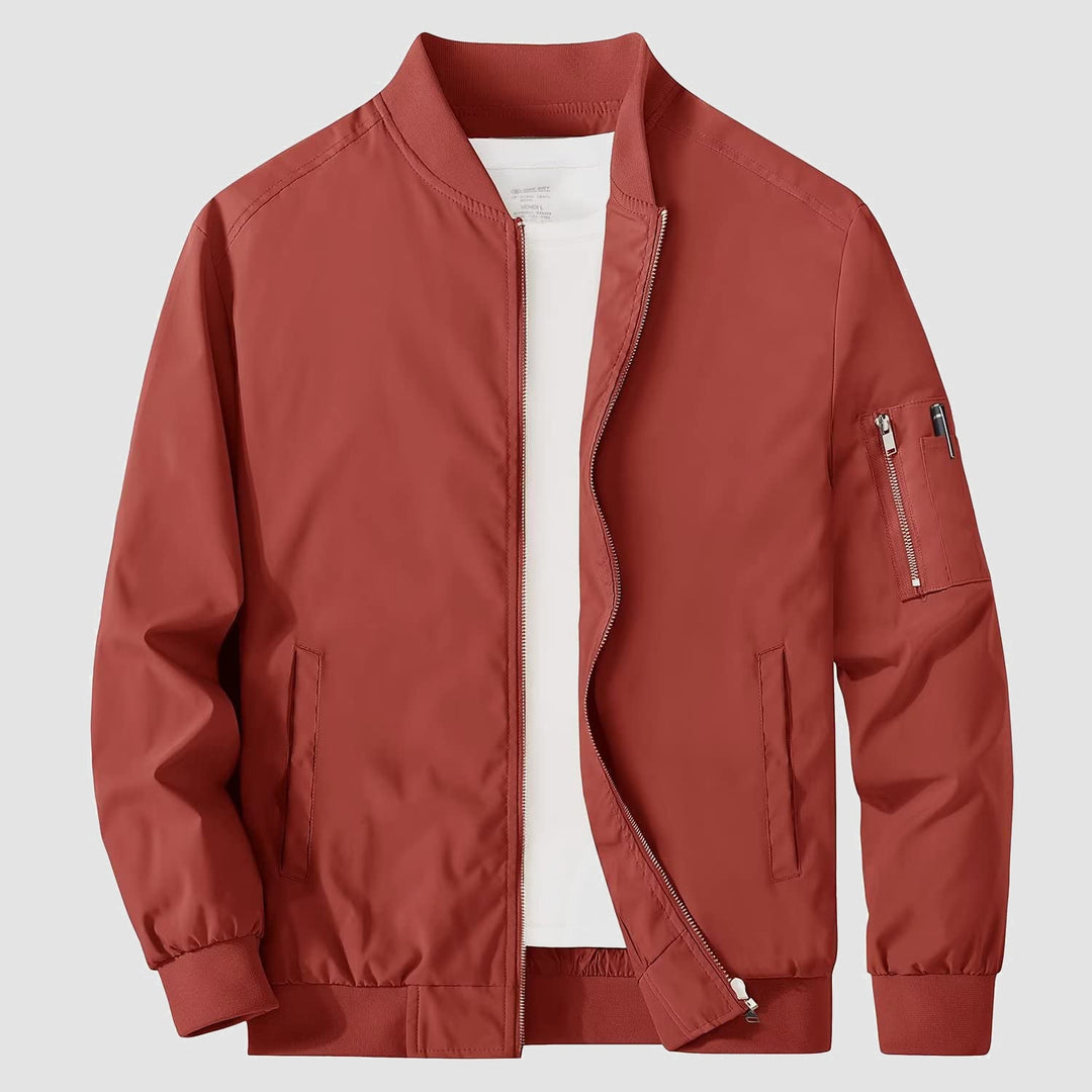Men's modern bomber jacket in olive green, perfect for adding a pop of color to outfits