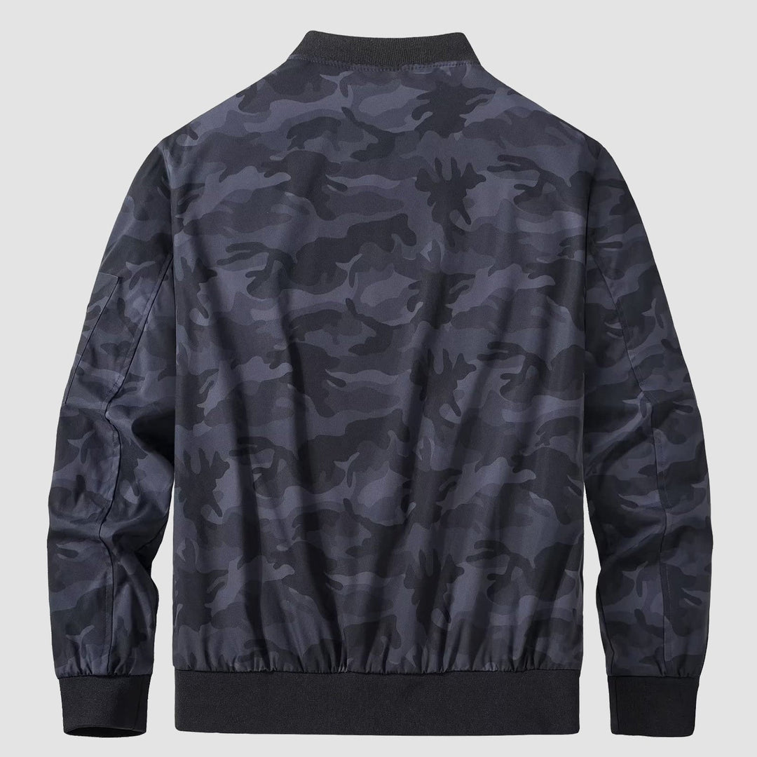 Close-up of fabric texture on men's bomber jacket, showing smooth, high-quality polyester